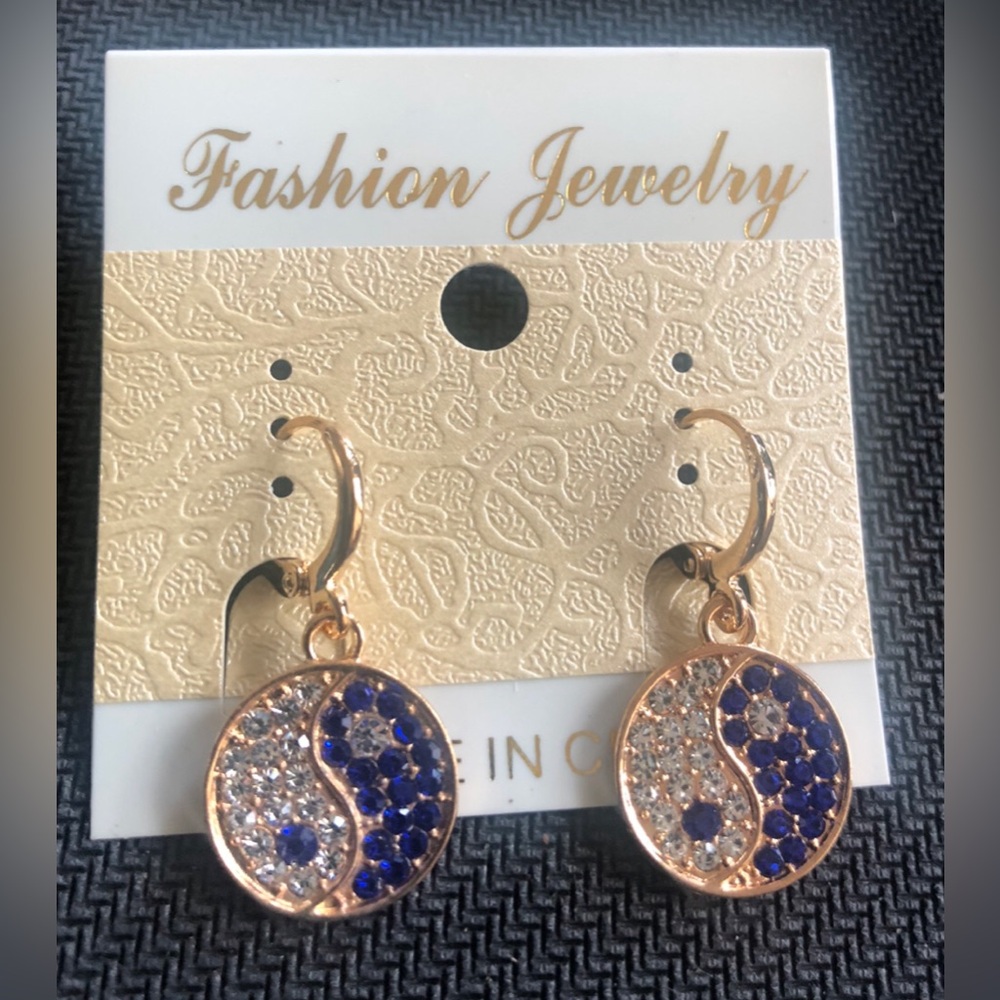 Fashion Jewelry Gold-Tone Blue & Clear Yin Yang Drop Earrings